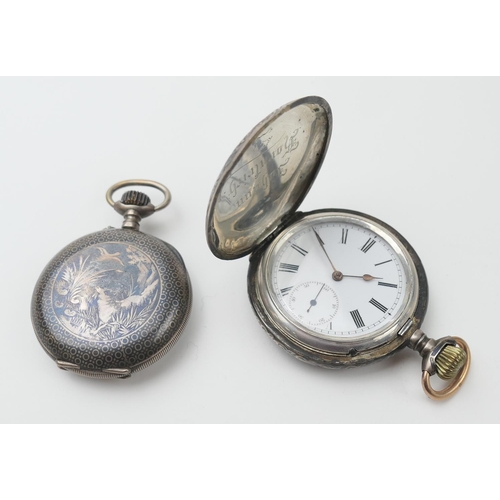 609 - Continental niello and silver hunter pocket watch, circa 1910, the case detailed with the Austro-Hun... 