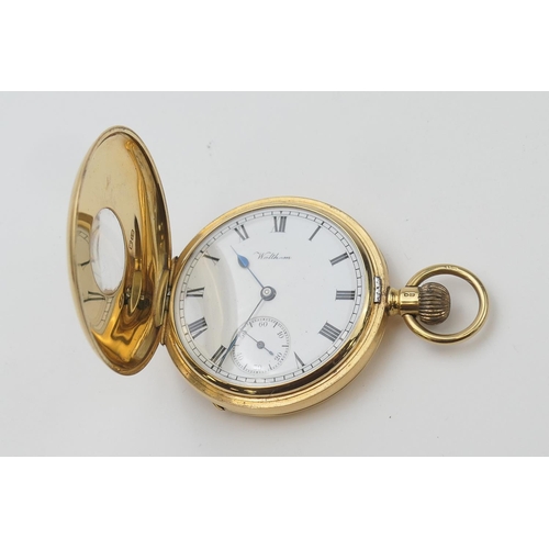 654 - Waltham 18ct gold cased half hunter pocket watch, Chester 1916, 49mm outer case with enamelled Roman... 