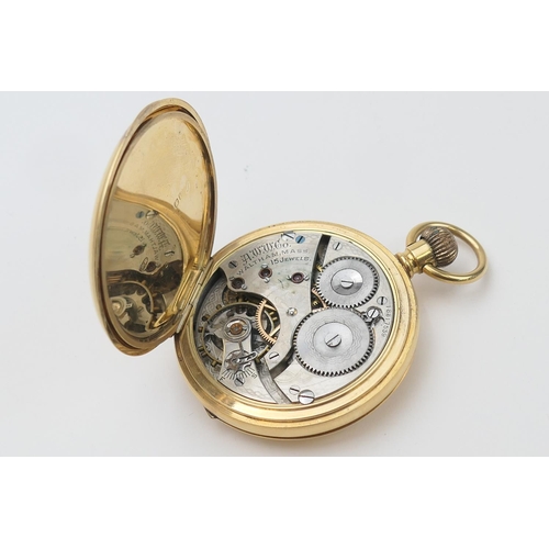 654 - Waltham 18ct gold cased half hunter pocket watch, Chester 1916, 49mm outer case with enamelled Roman... 