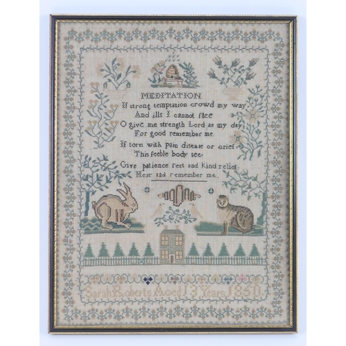 783 - Victorian silkwork sampler by Sarah Roberts, Aged 13 years, dated 1860, featuring a verse titled 'Me... 