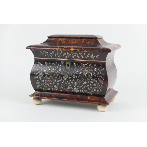 784 - Regency tortoiseshell and mother of pearl inlaid tea caddy, circa 1810, sarcophagus form finely work... 