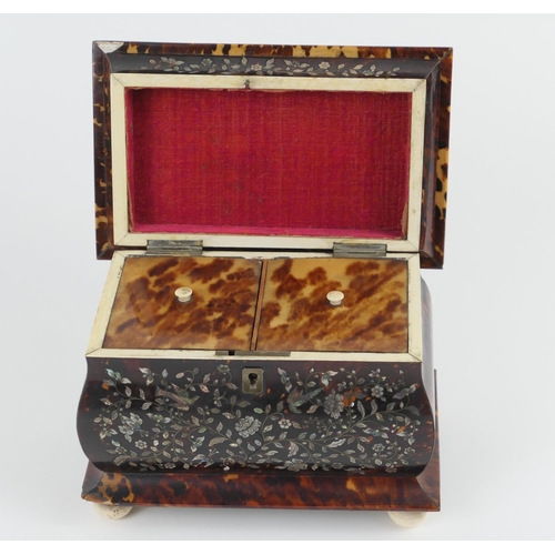 784 - Regency tortoiseshell and mother of pearl inlaid tea caddy, circa 1810, sarcophagus form finely work... 