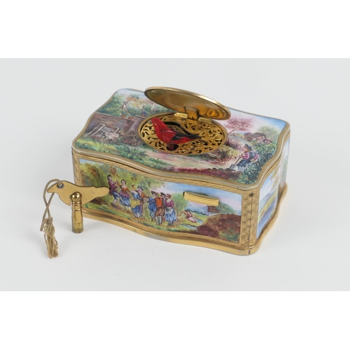 786 - German gold plated, white metal and enamelled singing bird box, in the manner of Karl Griesbaum, ear... 