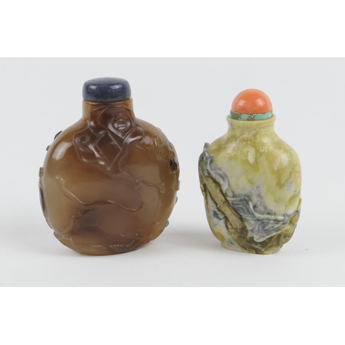 787 - Chinese carved agate snuff bottle, 19th Century, carved with a horse and other creatures, 7.5cm; als... 