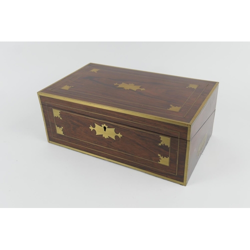 804 - Victorian rosewood and brass inlaid writing box, with recessed carrying handles, replaced green leat... 