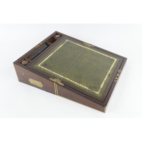 804 - Victorian rosewood and brass inlaid writing box, with recessed carrying handles, replaced green leat... 