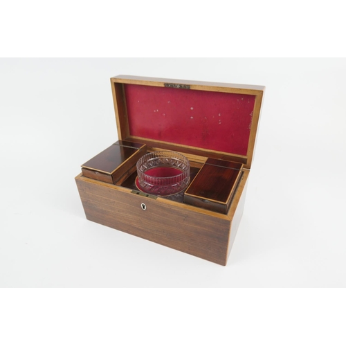 806 - Late George III mahogany tea caddy, circa 1800, rectangular form with brass handle and bone escutche... 