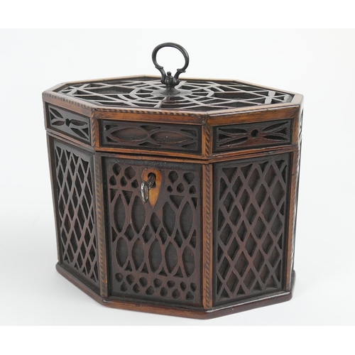 823 - George III mahogany blind fretwork tea caddy, of octagonal form, width 16cm, height 13cm