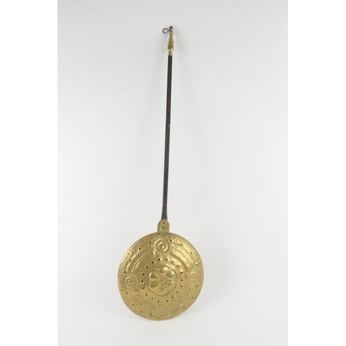 828 - Dutch brass and steel warming pan, early 19th Century, 101cm