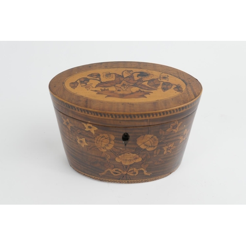 837 - George III satinwood and inlaid tea caddy, circa 1800, oval form inlaid with a floral bouquet in box... 