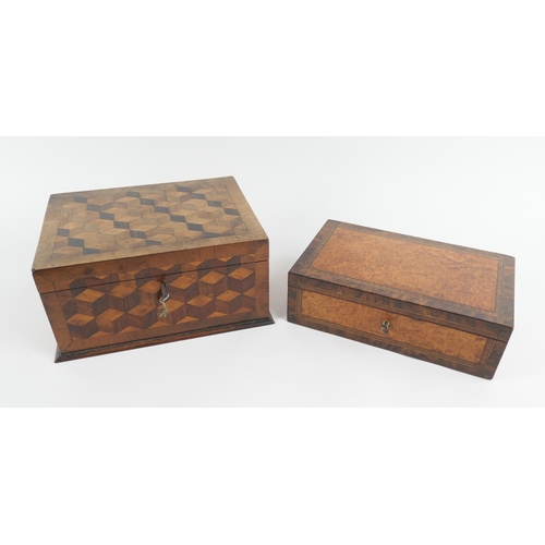 838 - Victorian specimen wood parquetry box, inlaid throughout and crossbanded with walnut, opening to a v... 