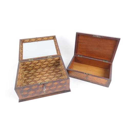 838 - Victorian specimen wood parquetry box, inlaid throughout and crossbanded with walnut, opening to a v... 