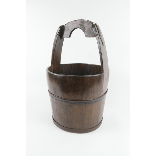 839 - 19th Century wooden water pail, with brass metal bands and handle support, height 61cm