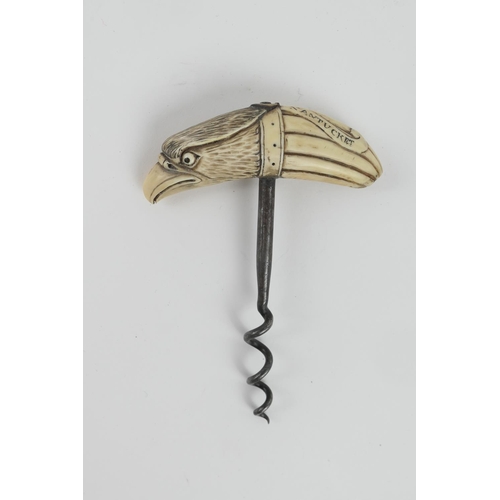 847 - Scrimshawed marine ivory steel corkscrew, inscribed 'Bark Peru, Nantucket' and carved as an eagle's ... 