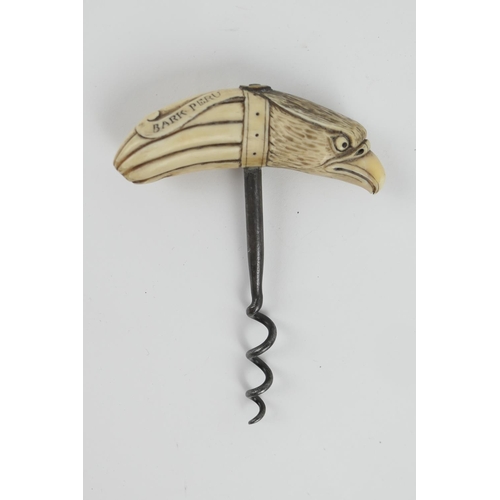 847 - Scrimshawed marine ivory steel corkscrew, inscribed 'Bark Peru, Nantucket' and carved as an eagle's ... 