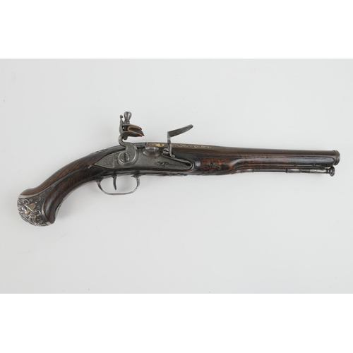 859 - French .60 calibre (20 bore) flintlock pistol, 18th Century, 9'' browned barrel with gold detailing ... 