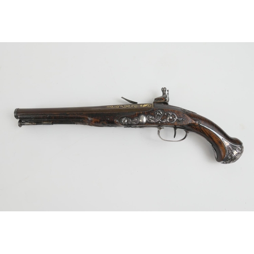 859 - French .60 calibre (20 bore) flintlock pistol, 18th Century, 9'' browned barrel with gold detailing ... 