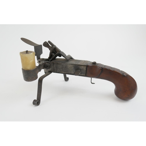 862 - Late 18th Century steel flintlock pistol tinder lighter, the engraved steel action signed 'J Savage'... 