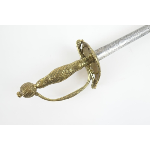 864 - Austrian brass hilted small sword, probably 18th Century, 29'' engraved steel blade with brass hand ... 