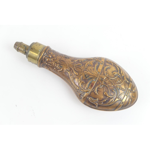 865 - Hawksley copper powder flask, worked with scrolling foliage (soft solder repair to the neck), 21cm