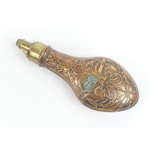 865 - Hawksley copper powder flask, worked with scrolling foliage (soft solder repair to the neck), 21cm