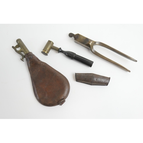 868 - R Adams brass bullet mould, number 56, registered 1851, also a brass powder measure with turned wood... 