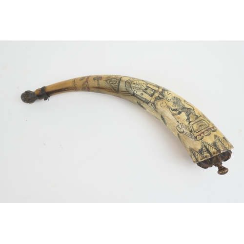 869 - Masonic interest: Ox horn powder flask, scrimshawed throughout with Masonic symbols, 35cm