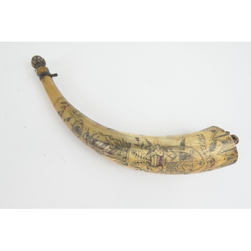 869 - Masonic interest: Ox horn powder flask, scrimshawed throughout with Masonic symbols, 35cm