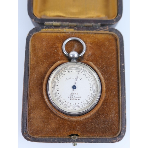 876 - Victorian silver pocket barometer, by Apps, 433 Strand, London, hallmarked London 1874, silvered dia... 