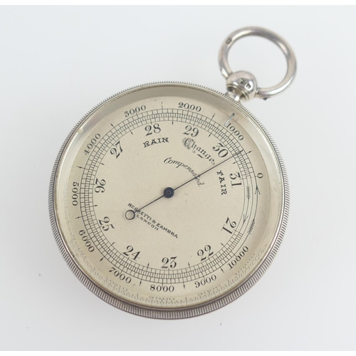 879 - Negretti and Zambra silver cased pocket aneroid barometer, hallmarked London 1892, matted dial inscr... 