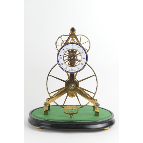 893 - Lacquered brass great wheel skeleton timepiece, circa 1995, with three substantial pillars, single s... 