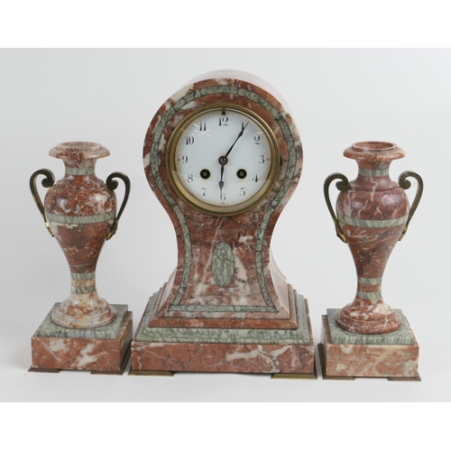 896 - French scagliola marble clock garniture, circa 1900, the balloon shaped clock with white enamelled d... 