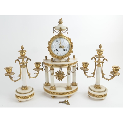 897 - French gilt ormolu and white marble clock garniture, circa 1880, white enamelled dial with floral ga... 