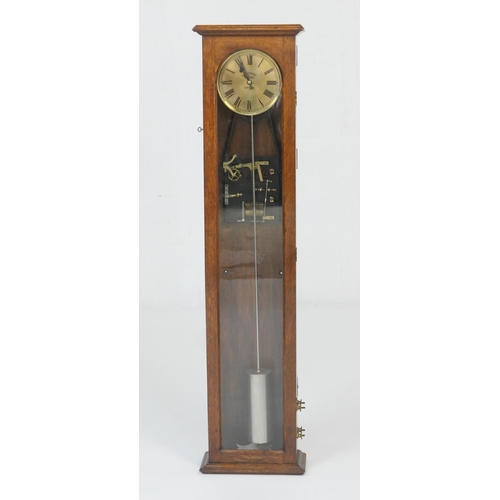 899 - Synchronome electric oak cased wall clock, brass 6 1/2'' dial with Roman numerals, full length glass... 