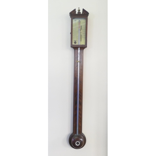 900 - Anthony Gatty & Co. mahogany and inlaid stick barometer, circa 1810-30, broken pediment, brass scale... 