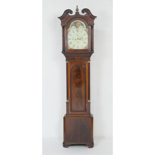 911 - Mahogany eight day longcase clock, early 19th Century, the hood with swan neck pediment, centred wit... 