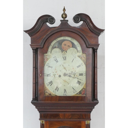 911 - Mahogany eight day longcase clock, early 19th Century, the hood with swan neck pediment, centred wit... 