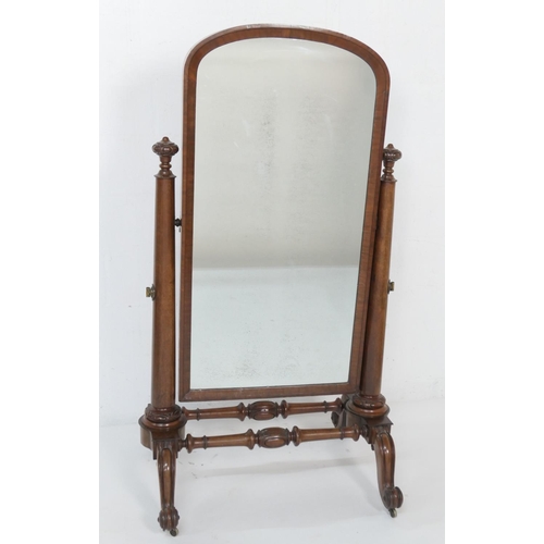 913 - Early Victorian mahogany cheval mirror, arched plate supported on turned and carved columns, with do... 