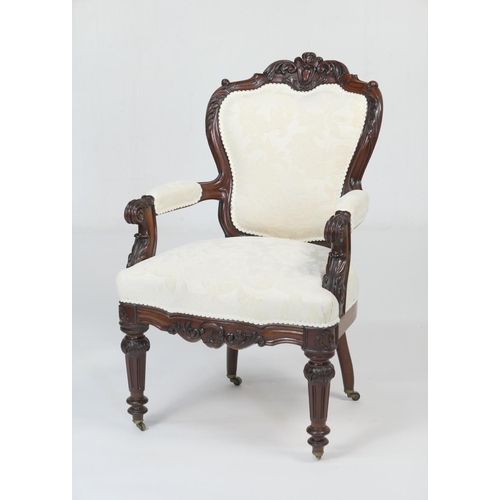 918 - Quality carved mahogany and upholstered armchair, circa 1845, acanthus carved back with ivory foliat... 