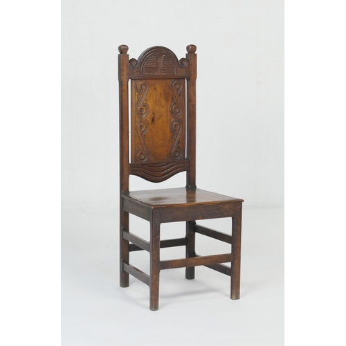 931 - Oak joined side chair, 19th Century, panel back with guilloche carved details over a solid seat, cha... 