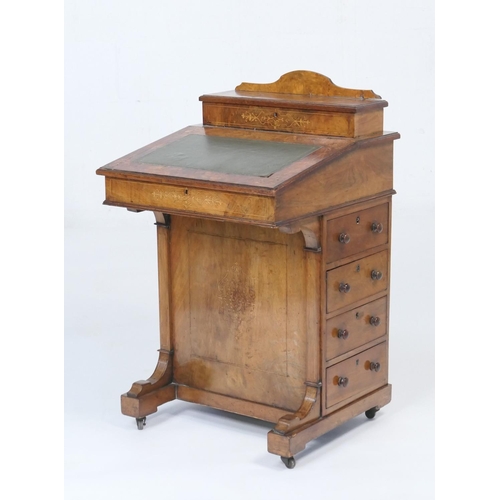 946 - Victorian walnut and inlaid davenport, the top with lift up stationery compartment with inkwells, sl... 