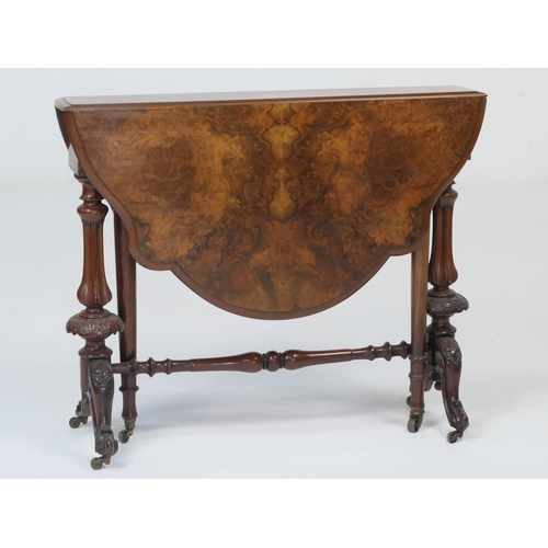 948 - Victorian burr walnut Sutherland table, quarter veneered shaped drop leaves over fluted baluster col... 