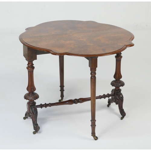 948 - Victorian burr walnut Sutherland table, quarter veneered shaped drop leaves over fluted baluster col... 