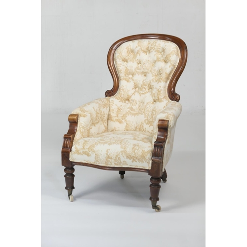 950 - Victorian mahogany and upholstered armchair, circa 1870, spoon shaped deep buttoned back and seat up... 