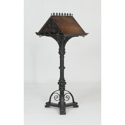 953 - Victorian cast and wrought iron lectern in Gothic Revival style, having a double sloping mahogany le... 