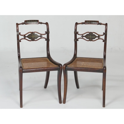 954 - Pair of Regency rosewood and brass inlaid side chairs, circa 1815, brass inlaid top rail and carved ... 