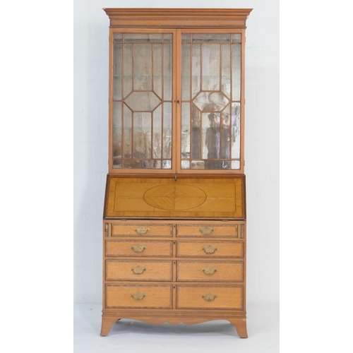 956 - Edwardian satinwood bureau bookcase in Sheraton Revival style, having two astragal glazed doors open... 