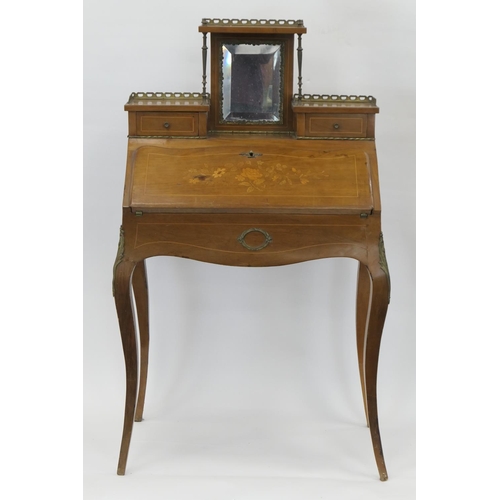 958 - French walnut and inlaid bureau de dame, the back centred with a mirror and with two jewellery drawe... 