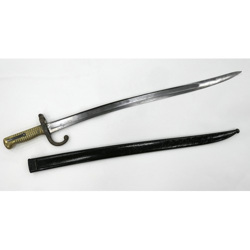 871 - French chassepot bayonet, single edged double fullered blade inscribed 'St Etienne, Juin 1874', with... 