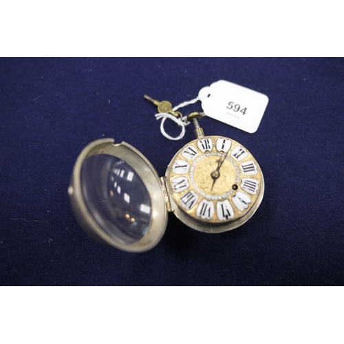 594 - Rare French verge repeater pocket watch, by Godron, Paris, circa 1690, pierced white metal case engr... 